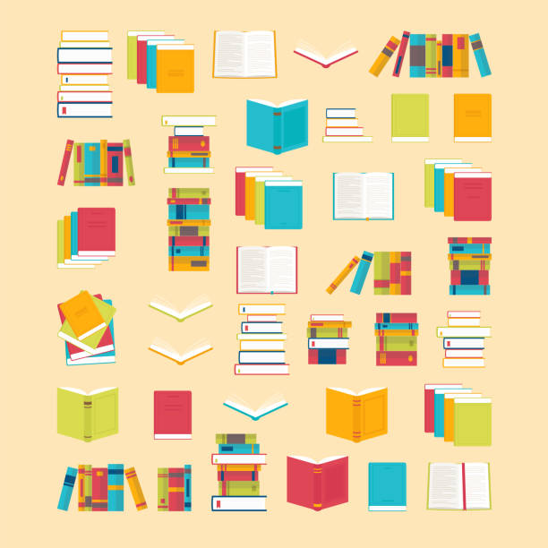 kitap simgeleri düz stil tasarımınız için ayarlayın. okul kitapları arka plan. kütüphane, kitapçı. eğitim kavramı - book stock illustrations