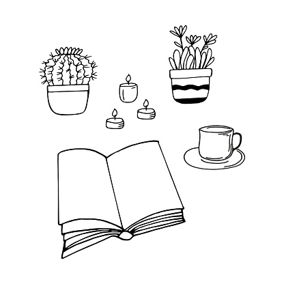 book is open, candle, tea, flower , cup, a cactus in a pot. reading concept. sketch hand drawn doodle style. vector, minimalism, monochrome. hobbies, learning. cozy home.