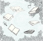 Hand-drawn doodle pencil sketch of various books and educational imagery with space for your copy. All elements are grouped for easy rearrangement. Funky doodle background on layer that can be easily removed. XL 5000x5000 jpeg included.