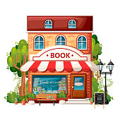 Book shop front view. City design elements. Cartoon style design. Book store with welcome sign, bench, streetlight, green bushes and trees. Vector illustration on white background.