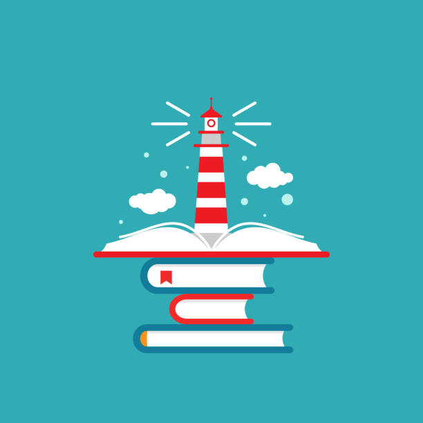 stockillustraties, clipart, cartoons en iconen met boekstapel met vuurtoren of baken en wolken op blauwe achtergrond. - book tower