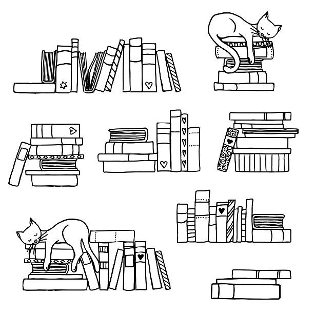 Book stacks with cute sleeping cat vector art illustration