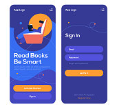 Book app mobile onboarding screens, log in and sign in pages, UI UX web elements. Beautiful simple design.