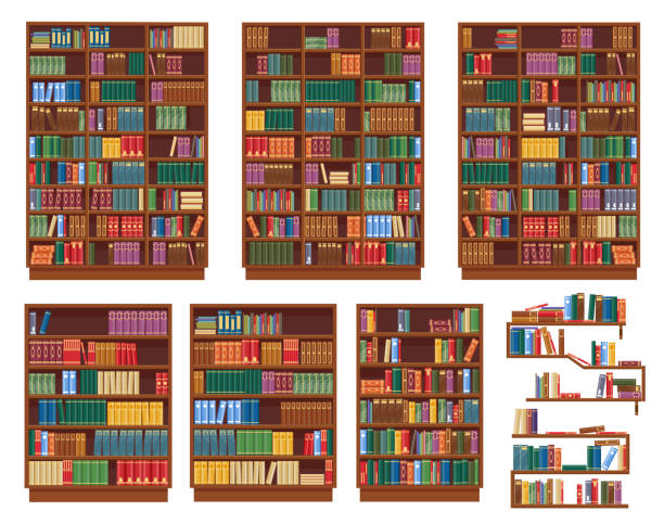 Bookcase, bookshelf with books, library shelves Bookcase, bookshelf with books, library shelves, vector isolated rack icons. Wooden bookcases or bookshelves, classic old library, bookstore or bookshop shelves with piles of standing books bookshelf stock illustrations