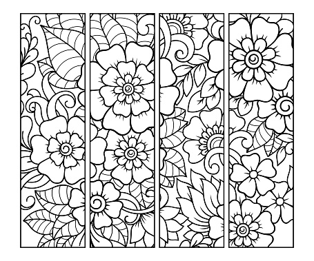 Bookmark For Book Coloring Set Of Black And White Labels With Floral ...