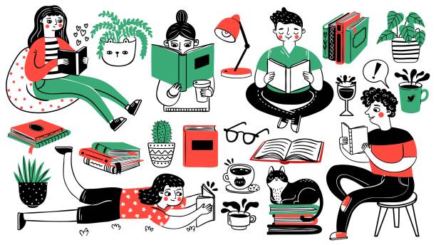 책과 독자. 행복한 사람들은 읽고 공부합니다. 더미, 하우스 플랜트, 고양이, 차, 커피 컵을 예약하십시오. 손으로 그린 만화 취미 장식 세트 - 책 일러스트 stock illustrations