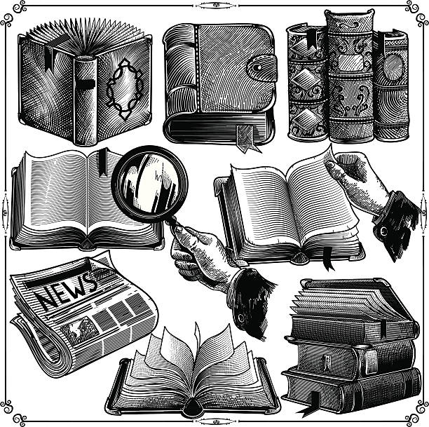 Books icons Set of books icons in classic engraving style drawing of a bookshelf stock illustrations