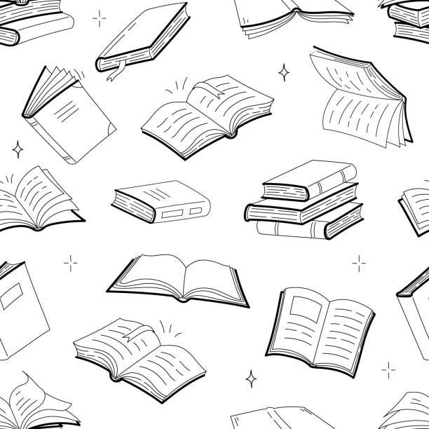 Books seamless pattern, doodle outline textbooks Books seamless pattern with doodle outline textbooks. Monochrome linear wallpaper with library encyclopedia, textile, wrapping paper background, reading hobby, education, Vector line art illustration reading designs stock illustrations