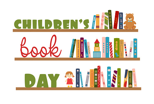 Bookshelf with children's books, toys and inscription Children's book day. International Chidren's Book Day on 2 April. Poster, banner for shop, store, library. Vector illustration in flat style.