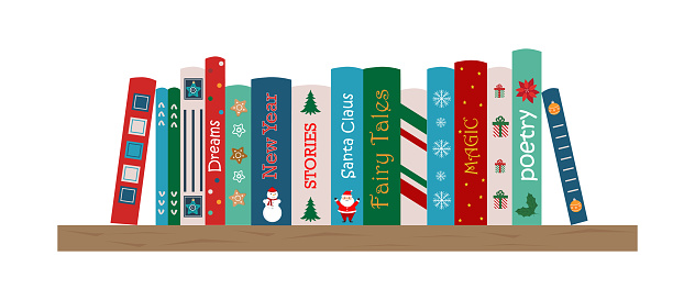 Bookshelf with christmas books. Shelf with childrens books. Winter reading. Christmas reading. Fairy tails, stories, poetry. Books about winter, Christmas, New year. Vector illustration.