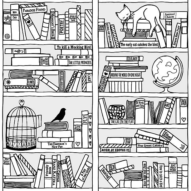 Bookshelf with sleeping cat (seamless background) Hand drawn bookshelf with sleeping cat - black and white drawing of a bookshelf stock illustrations