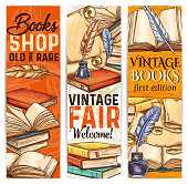 Vintage bookshop sketch banner of old and rare book and literature. Ancient parchment scroll, book and manuscript with retro quill pen and inkwell for bookstore label or library flyer design