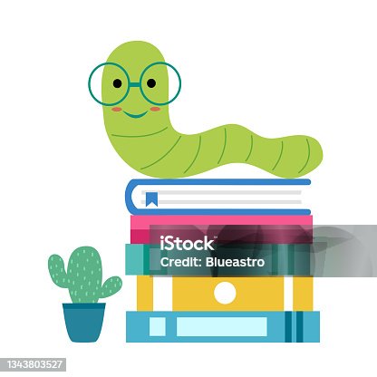 istock Bookworm character cartoon on stack of books in flat design on white background. I love reading. 1343803527