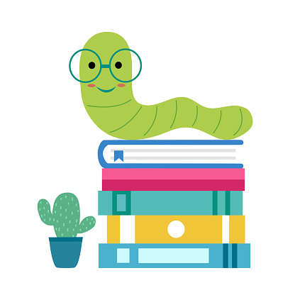 Bookworm character cartoon on stack of books in flat design on white background. I love reading.