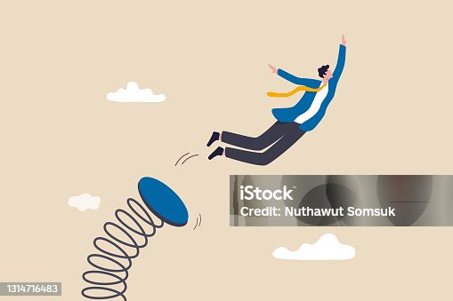 istock Boost up business growth, improvement, career path or job promote to higher position concept, confidence businessman leader jumping springboard up high in the sky. 1314716483