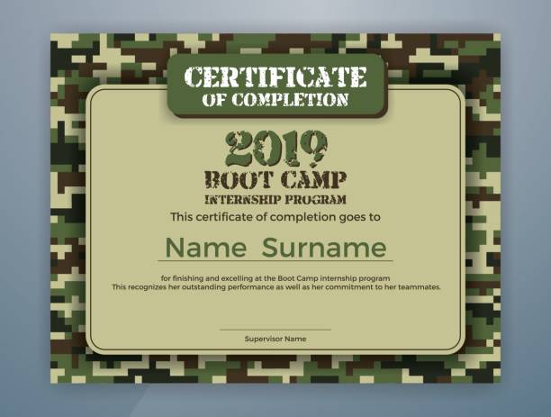 Boot Camp Internship Program Certificate Template Boot Camp Internship Program Certificate Template Design with Camouflage Background for Print. Vector illustration military borders stock illustrations