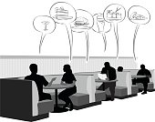 A vector silhouette illustration of people sitting a booths at a resturant with speach bubbles of pictures of food.  A young couple are at the first booth, a man alone at the second, and a mature couple in the third booth.
