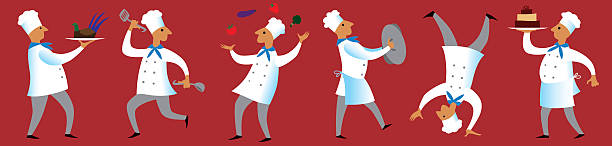 Border of cooks Horizontal border of six dancing cooks kitchen borders stock illustrations