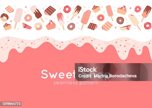 istock Border with donuts, cupcakes, ice cream, sprinkles. Seamless pattern with sweet food in pink pastel colors. 1319844773