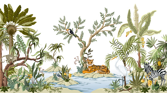 Border with jungles trees, animals and islands in chinoiserie style. Trendy tropical interior print