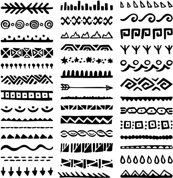 Borders Collection in Ethnic Style Collection of Hand Drawn Borders in Ethnic Style. Aztec art dividers. Trendy boho separators. pattern symbols stock illustrations