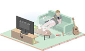 Clean, modern isometric illustration of a bored, lazy man slouching on his couch, quarantined at home in isolation. 

Fully editable vector eps file.