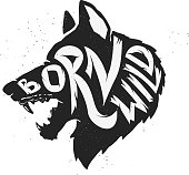 Wolf silhouette with concept text inside Born Wild on white background. Vector illustration
