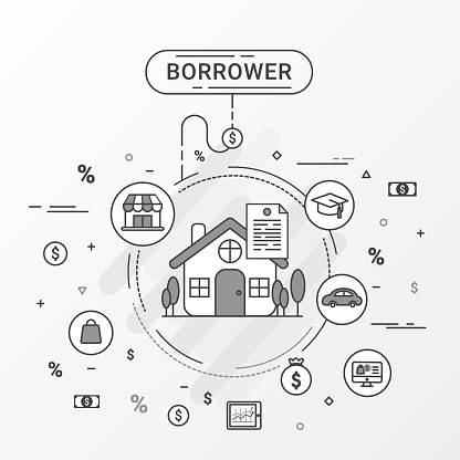 Borrower infographics design concept about borrowers and lenders. Borrow for home loan education, trading, loan shopping, commerce, and business. Flat line design create by vector.