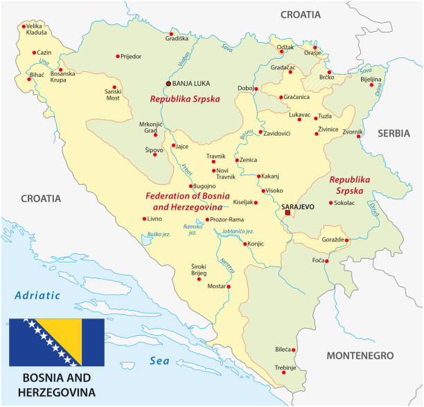 bosnia and herzegovina administrative and political map with flag bosnia and herzegovina administrative and political vector map with flag bosnia and hercegovina stock illustrations