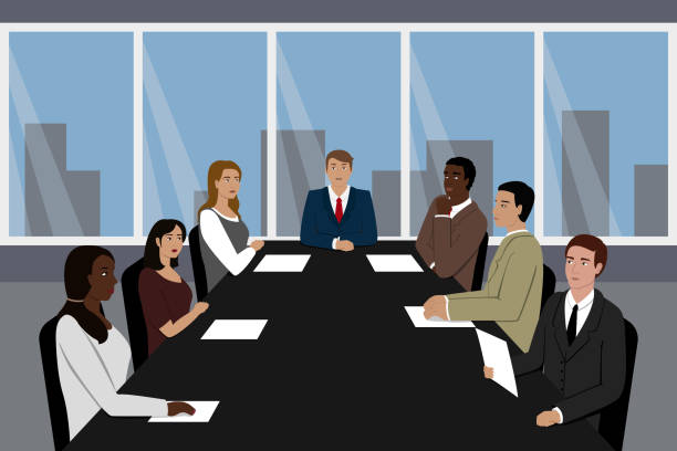 Boss and his team seating at meeting table. Vector illustration Boss and his team seating at meeting table. Vector illustration. board of directors stock illustrations