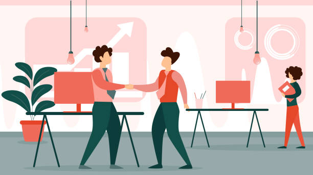 Boss Welcome New Employees in Modern Office Area. Businessman Shaking Hand of Young Man Wearing Formal Suit Welcome New Employee in Modern Office Area. Acquaintance with Creative Worker, Colleagues Saluting each other Cartoon Flat Vector Illustration onboarding stock illustrations
