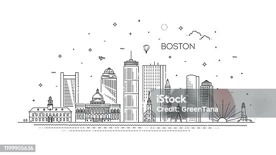 istock Boston architecture line skyline illustration. Linear vector cityscape with famous landmarks 1199905636