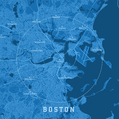 Boston MA City Vector Road Map Blue Text. All source data is in the public domain. U.S. Census Bureau Census Tiger. Used Layers: areawater, linearwater, roads.
