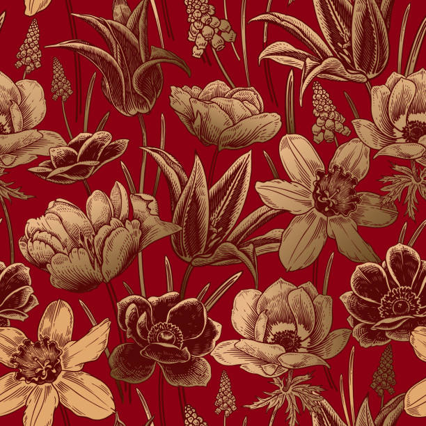 bildbanksillustrationer, clip art samt tecknat material och ikoner med botanical ornament. floral seamless pattern. vintage spring background. vector - red hyacinth