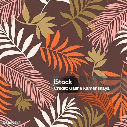 istock Botanical seamless pattern. Hand drawn fantasy exotic sprigs. Leaf ornament. Floral background made of herbal foliage leaves for fashion design, textile, fabric and wallpaper. 1281692742