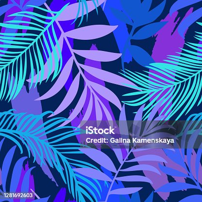 istock Botanical seamless pattern mixed with geometric shapes brush strokes texture. Exotic sprigs and leafage. Floral background made of herbal foliage and leaves for fashion,  textile and fabric. 1281692603