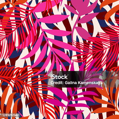 istock Botanical seamless pattern mixed with zebra stripes skin texture. Hand drawn fantasy exotic sprigs and leafage. Floral background made of herbal foliage leaves for fashion design, textile, fabric. 1281692560