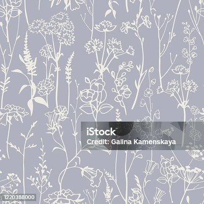 istock Botanical seamless pattern with meadow herbs and plants. Outline drawing. 1220388000