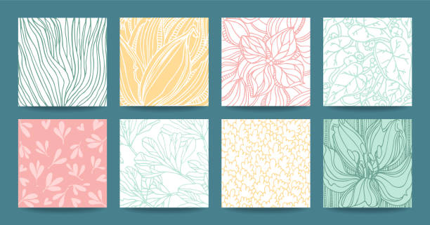 식물 텍스처, 꽃 패턴, 열 대 식물 장식품. 배경 벡터 디자인 클립 아트 컬렉션 isolatad - 식물학 stock illustrations