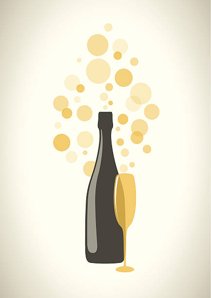 Bottle and glass of champagne with bubbles on grey background. Bottle and glass of champagne with transparent bubbles on grey background. champagne silhouettes stock illustrations