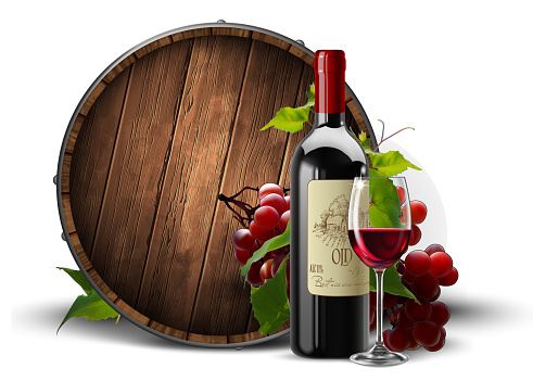 Bottle and transparent glass with red wine on a background of a wooden wine barrel.  3D vector. High detailed realistic illustration.