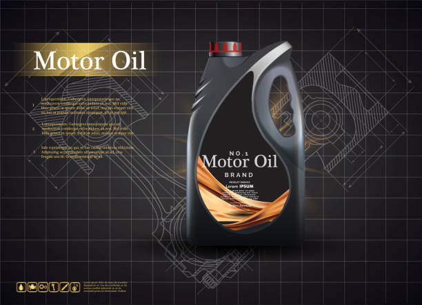 Bottle engine oil on a background a motor-car piston, Technical illustrations. Realistic 3D vector image. canister ads template with brand logo Blueprints. Bottle engine oil on a background a motor-car piston mechanic clipart stock illustrations