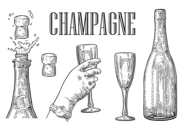 Bottle of Champagne explosion and hand hold glass. Bottle of Champagne explosion and hand hold glass. Vintage vector engraving illustration for web, poster, invitation to beer party. Hand drawn design element isolated on white background. champagne drawings stock illustrations