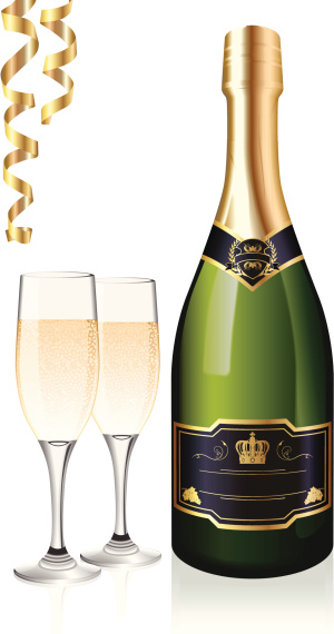 Bottle of champagne with two glasses and gold streamers