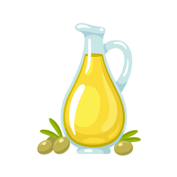 Bottle of olive oil Olive oil in glass bottle and green olives. Isolated cartoon style drawing, vector illustration. green olives jar stock illustrations