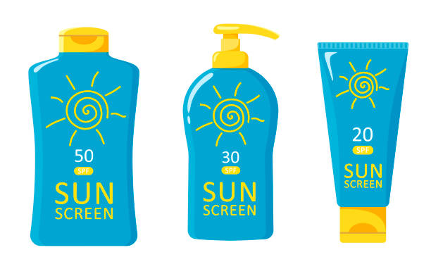 ilustraciones, imágenes clip art, dibujos animados e iconos de stock de botellas iconos con protector solar. vector aísla sobre un fondo blanco en el estilo de plano, ideal para el diseño web. - sunscreen