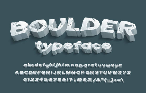 Boulder alphabet font. 3D cracked stone letters, numbers and punctuation. Uppercase and lowercase. vector art illustration