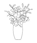 Bouquet flowers in vase black lines isolated on white background. - Vector illustration
