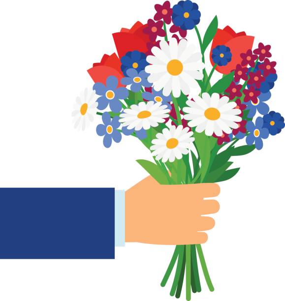 Bouquet in businessman hand Bouquet in businessman hand isolated on white. Man holding and giving vector gift flowers daisies, tulips and cornflowers bunch stock illustrations