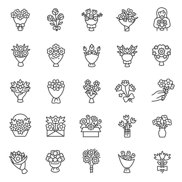 꽃의 꽃다발, 선형 아이콘 세트입니다. 꽃다발. 꽃의 제작, 포장, 배달 및 선물. 편집 가능한 스트로크 - 꽃다발 stock illustrations